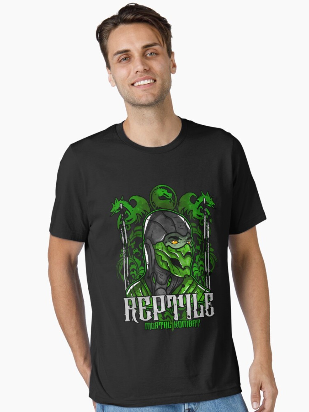 Retro Gaming Style - เสื้อยืดพิมพ์ลาย Mortal Kombat Reptile ลายกราฟิกนินจาสีเขียว เสื้อยืดวิดีโอเกมย้อนยุค