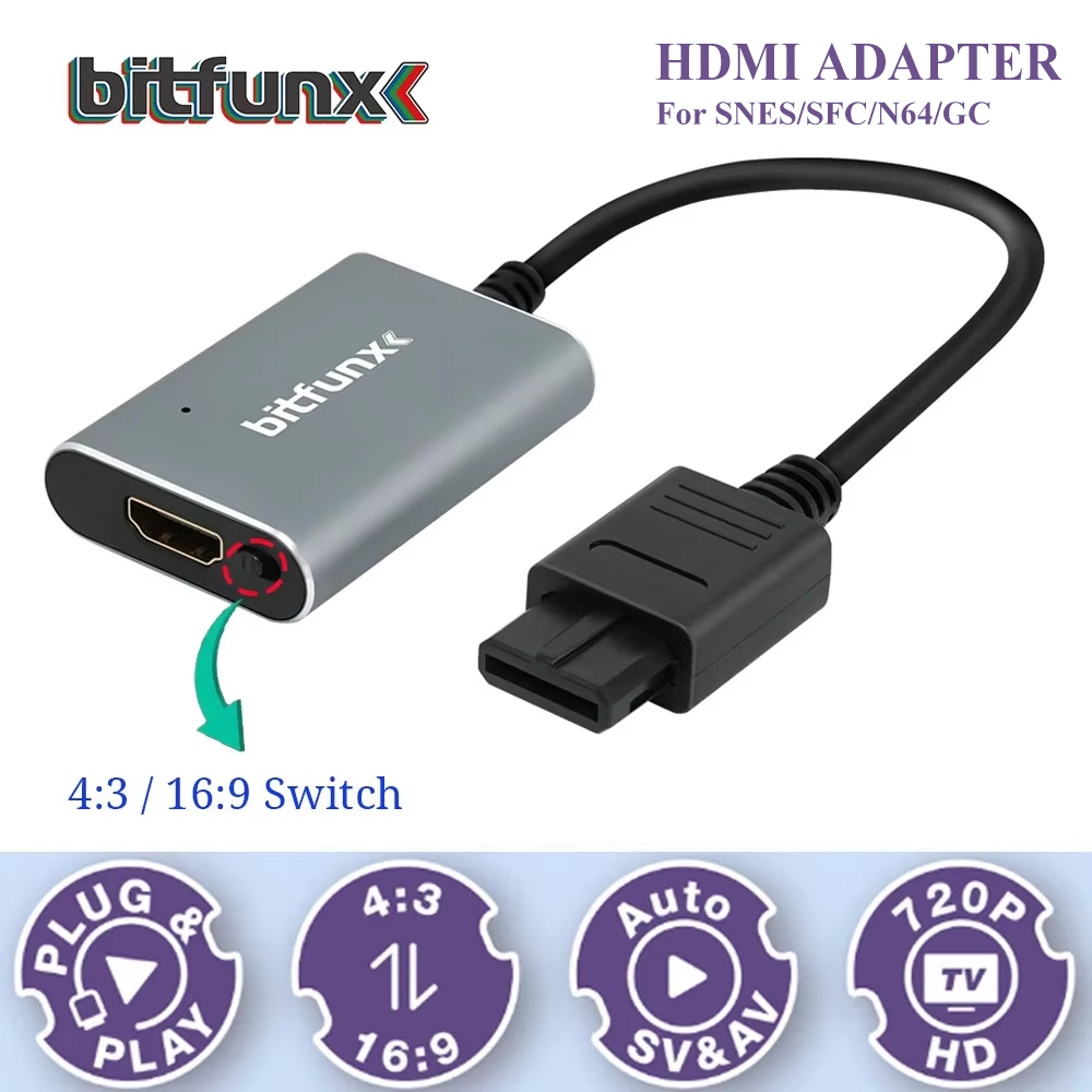 Retro Gaming Icons - Bitfunx 720P Svideo/AV ไปยังอะแดปเตอร์ HDMI ตัวแปลงวิดีโอ