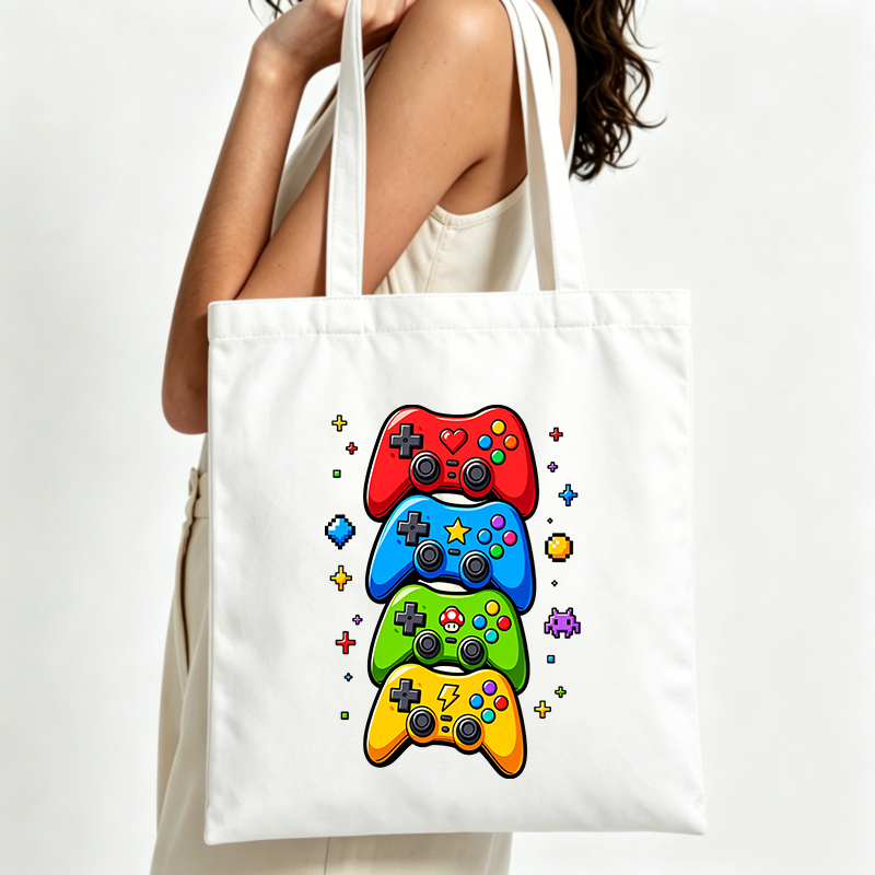 Retro Gaming Shops - กระเป๋าผ้าแคนวาสลายกราฟิกคอนโทรลเลอร์เกม สไตล์เรโทร สำหรับใช้ในชีวิตประจำวันและช้อปปิ้ง