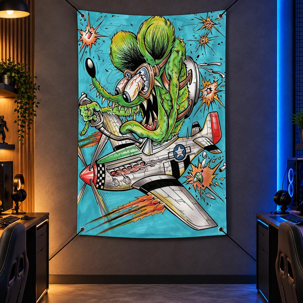Retro Gaming Shops - ธงลายตัวละครเรโทร R-Rat Fink ผ้าแขวนผนังแนวตั้ง สำหรับห้องเกม ร้านซ่อม