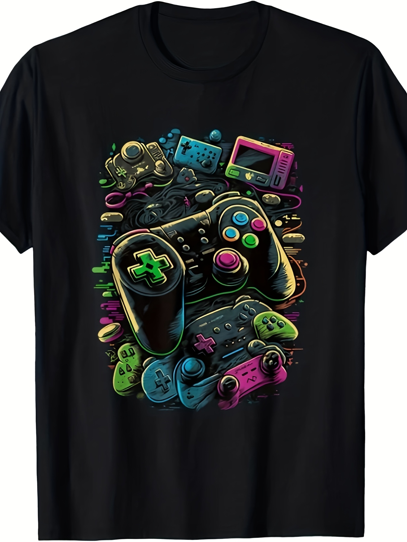 Retro Gaming Icons - เสื้อยืดผู้ชายแบบยูนิเซ็กส์ลายกราฟิกจอยเกมสไตล์เรโทร พร้อมดีไซน์จอยเกมอันเป็นเอกลักษณ์ สวมใส่สบาย เหมาะสำหรับชุดลำลองและเซสชันการเล่นเกม เสื้อยืดแขนสั้นลำลองสไตล์เรโทร คอกลมพร้อมลายพิมพ์